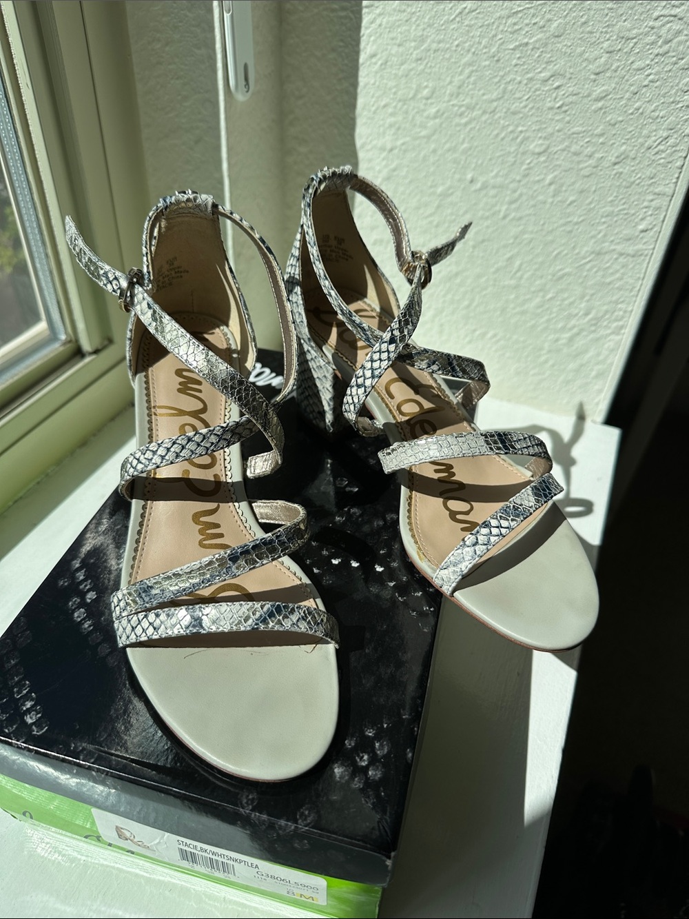 Sam Edelman Strappy Snake-Print White Sandals